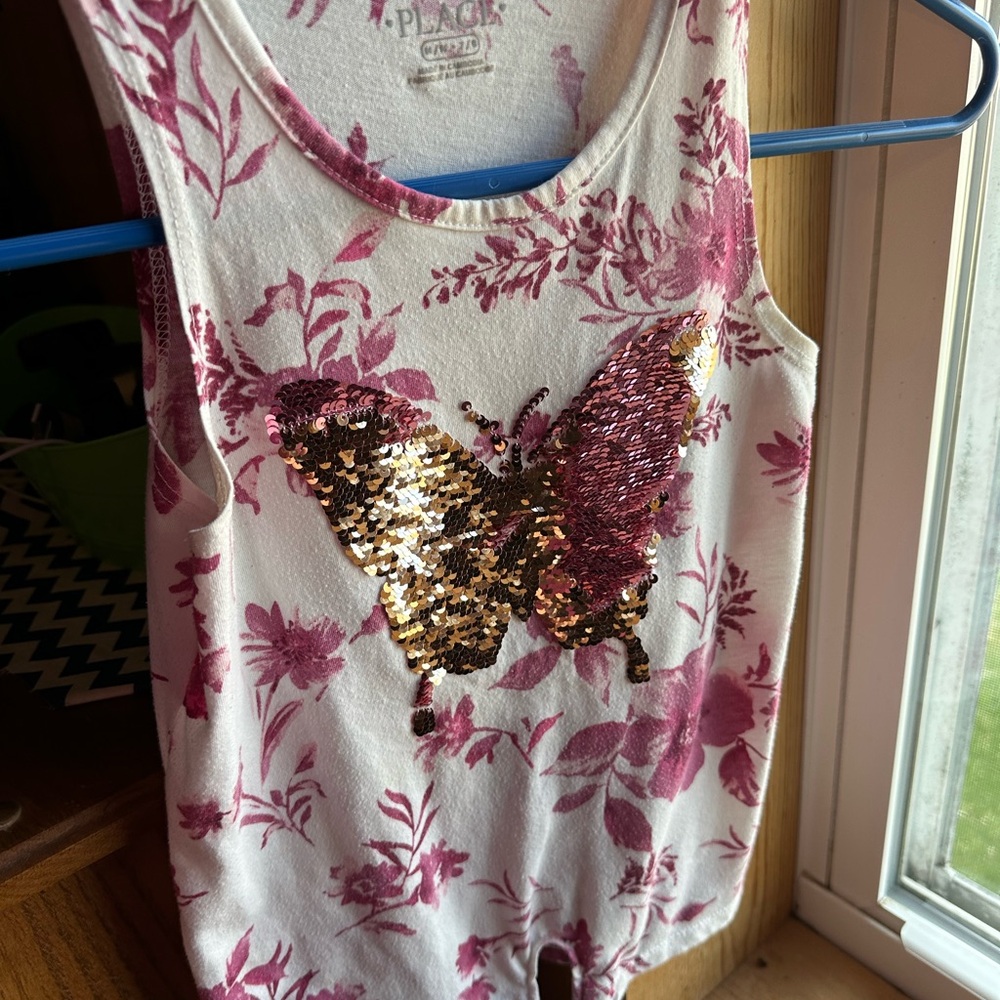 Place White & Pink Floral Tank with Gold and Pink Sequin Butterfly